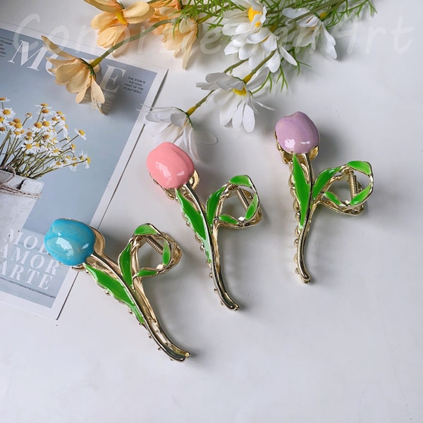 Elegant Color Drop Oil Tulip Hair Claws, Colorful Enamel Tulip Large Metal Hair Claw Clips,Tulip Hair Accessories for Women, Ponytail Clamps