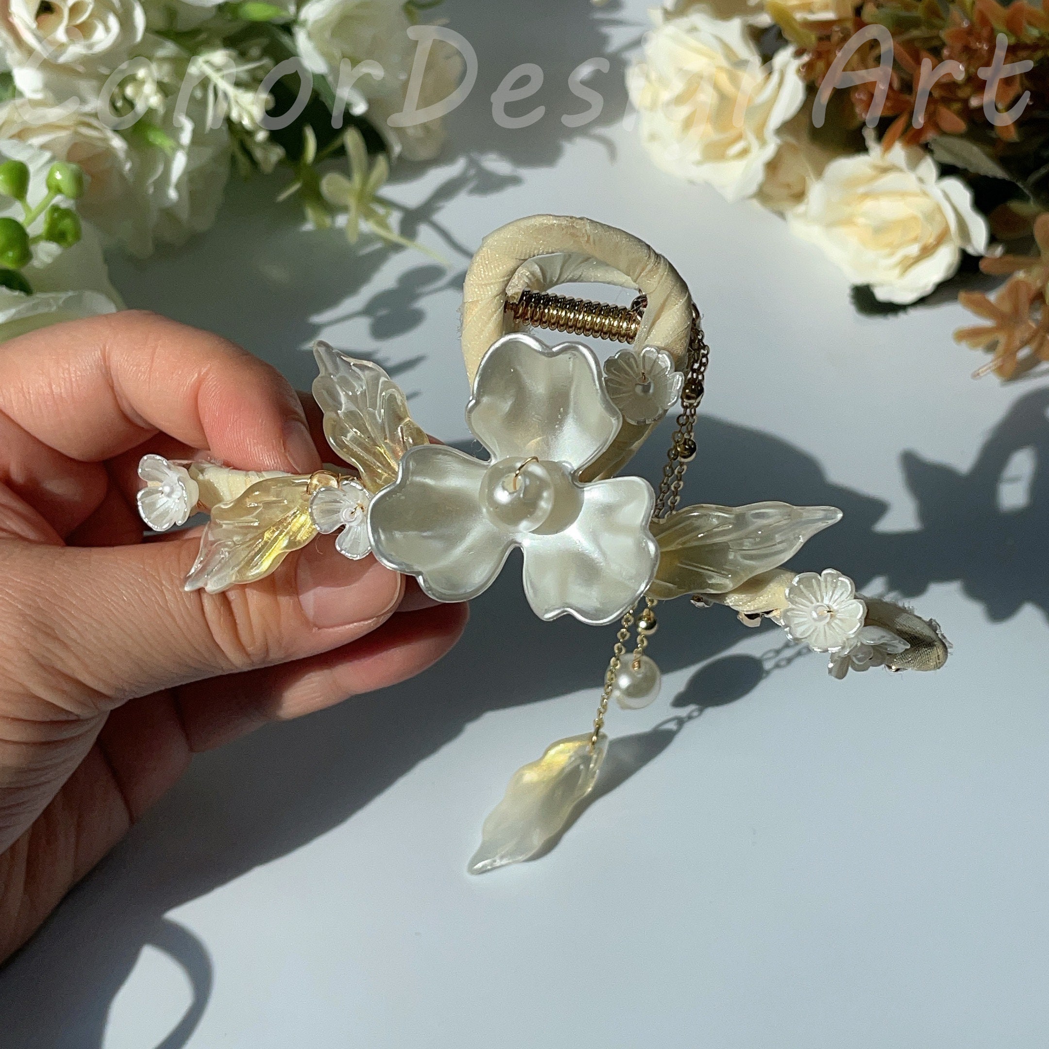 Vintage Elegant Flowers Hair Claw Clips,large Golden White 