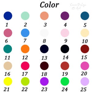 May include: A color chart with 25 numbered color swatches. The colors include shades of blue, green, pink, orange, white, black, and purple. The word "Color" is at the top, and the image includes the text "Conor Design Art."
