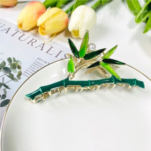 Dripping Oil Green Bamboo Hair Claw Clips, Green Enamel Bamboo Pearl Hair Clamps,Elegant Large Metal Hair Claws for Women,Ponytail Hair Claw image 7