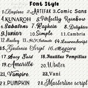 May include: A black text chart titled Font Style displaying twenty-four numbered font options. The list includes names like Kinglane, ARTEFAK, Comic Sans, KUNAROH, Perfectly Rainbow, Sabatons, Rayhein, Delighter, Junior, Simple, Cambria, Hailey, HFIntimate, LaurenScript, Gastonia Script, Magiera, Aucy Said, Nautilus Pompilius, Amarillo, Winter, Vampire, Vani, PUMPKIN, and Masterline script.