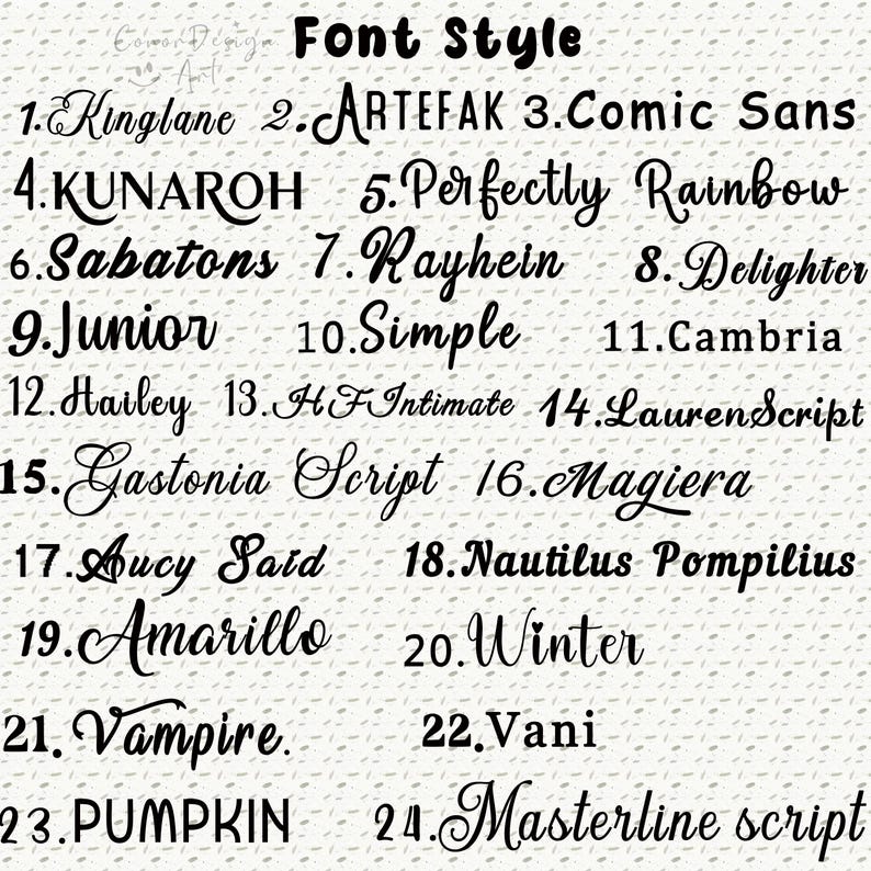 May include: A black text chart titled Font Style displaying twenty-four numbered font options. The list includes names like Kinglane, ARTEFAK, Comic Sans, KUNAROH, Perfectly Rainbow, Sabatons, Rayhein, Delighter, Junior, Simple, Cambria, Hailey, HFIntimate, LaurenScript, Gastonia Script, Magiera, Aucy Said, Nautilus Pompilius, Amarillo, Winter, Vampire, Vani, PUMPKIN, and Masterline script.