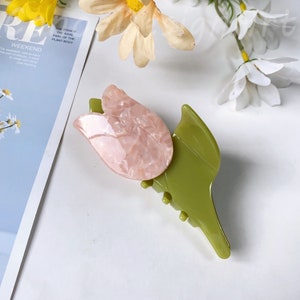 キュートなピンクのチューリップヘアクリップ、ヴィンテージでエレガントなアセテートチューリップヘアクリップ、女性用大型チューリップヘアアクセサリー、ガーリーなポニーテールヘアクリップ