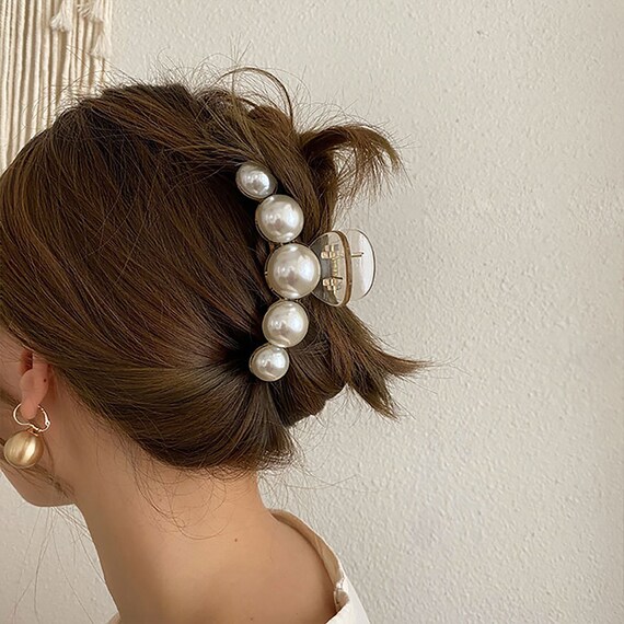 Women Pearl Hair Claws Elegant Hair Clips Pins Large Ponytail Hair  Accessories