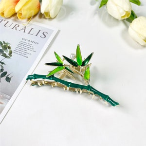 Dripping Oil Green Bamboo Hair Claw Clips, Green Enamel Bamboo Pearl Hair Clamps,Elegant Large Metal Hair Claws for Women,Ponytail Hair Claw image 5