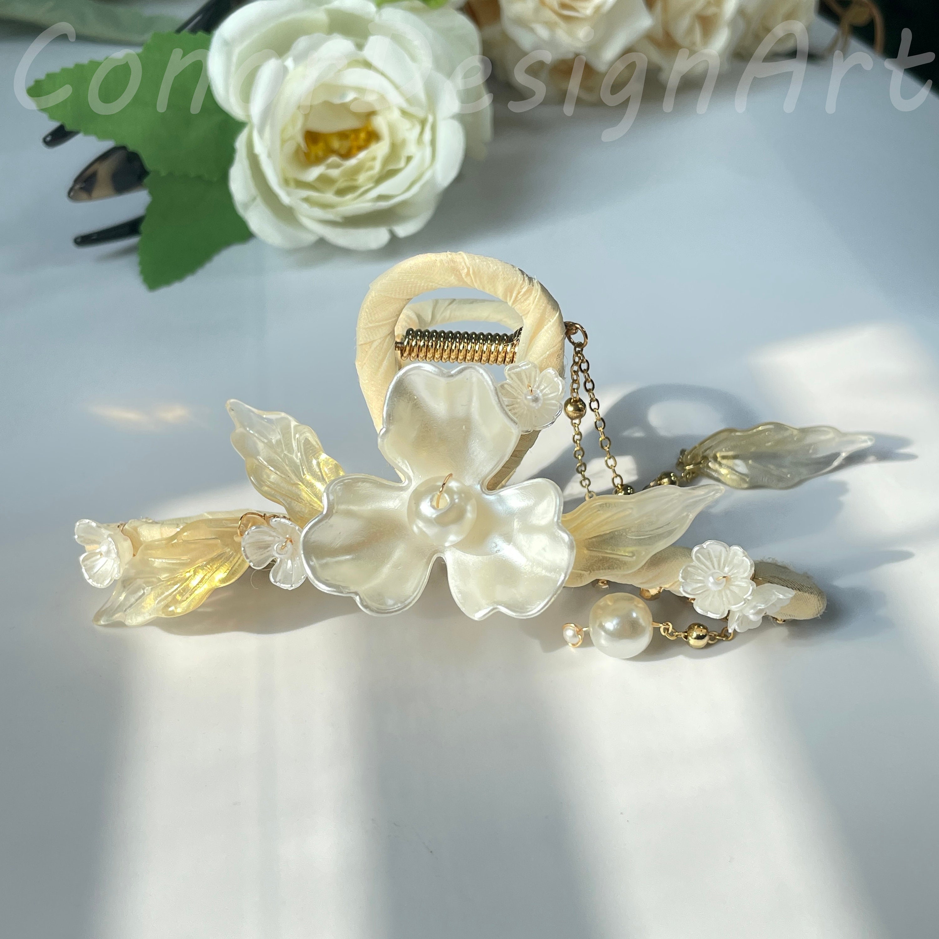 Elegant vintage Hair Bin Cage Flowers pearls SOBEIT Bridal Hair Clips 2PCS Pearl White Flower Mesh Clips  main image 3