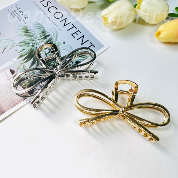 Large Metal Bow Hair Claw Clips, Minimalist Metal Bow Hair Claw, Elegant Gold and Silver Bow Hair Clamp For Women, Funky Ponytail Hair Claws