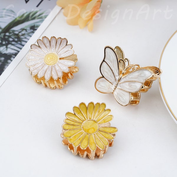 French Vintage Daisy Butterfly Hair Claw Clips,Colorful Drop Oil Enamel Daisy Butterfly Hair Claws,Cute Daisy Small Hair Claw,Girlish Clamps