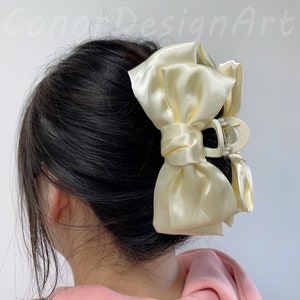 13 cm 大きなリボンヘアークロウクリップ、キュートでエレガントなファブリックリボンヘアークロウ、ガーリーなヘアークロウ、トレンディなリボンヘアークランプ、女性用ピンクリボンヘアークリップ