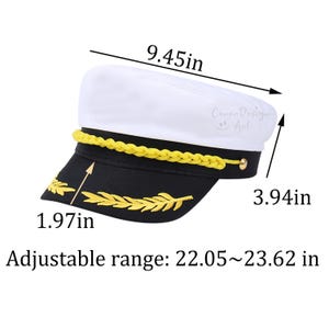 May include: A white and black captain hat featuring a yellow braided cord and gold-colored embroidery on the brim. The hat measures 9.45 inches in length, 3.94 inches in height, and 1.97 inches for the brim, with an adjustable range of 22.05 to 23.62 inches.