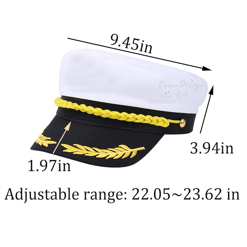 May include: A white and black captain hat featuring a yellow braided cord and gold-colored embroidery on the brim. The hat measures 9.45 inches in length, 3.94 inches in height, and 1.97 inches for the brim, with an adjustable range of 22.05 to 23.62 inches.