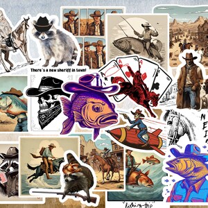 May include: A selection of cowboy-themed stickers with illustrations of cowboys, raccoons, fish, and a skull, all wearing cowboy hats. Some stickers include the text "There's a new sheriff in town!" and "fishing trip".