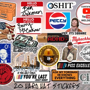 Puede incluir: Una colección de 20 pegatinas para cascos de trabajo con varios diseños y textos. Las pegatinas incluyen frases como "EZ Money", "I Piss Excellence" y "Ask My Foreman He Knows Everything". Las pegatinas son coloridas y presentan una variedad de fuentes y gráficos.