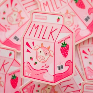Adesivo de vaca leiteira de morango, adesivo de caixa de leite rosa, adesivo de bebida de iogurte