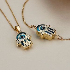14k Solid Yellow Gold Hamsa Hand Evil Eye Necklace - Gift Evil Eye Bracelet and Necklace for Women - Gift for Her