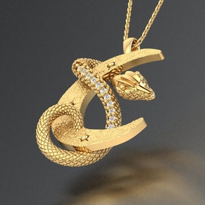 14k Gold Snake Necklace | Moon and Snake Pendant | Unisex Gift Necklace for Men and Women | Gift for Her