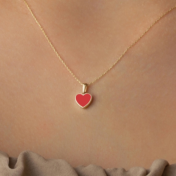 14k Gold Red Heart Necklace - Gift for Women Heart Charm