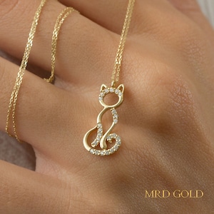 14k Real Gold Cat Pendant - Gift for Women Solid Gold Cat Design Necklace Jewelry - Birthday Mother's Day and Bridesmaid Gift Charm Necklace