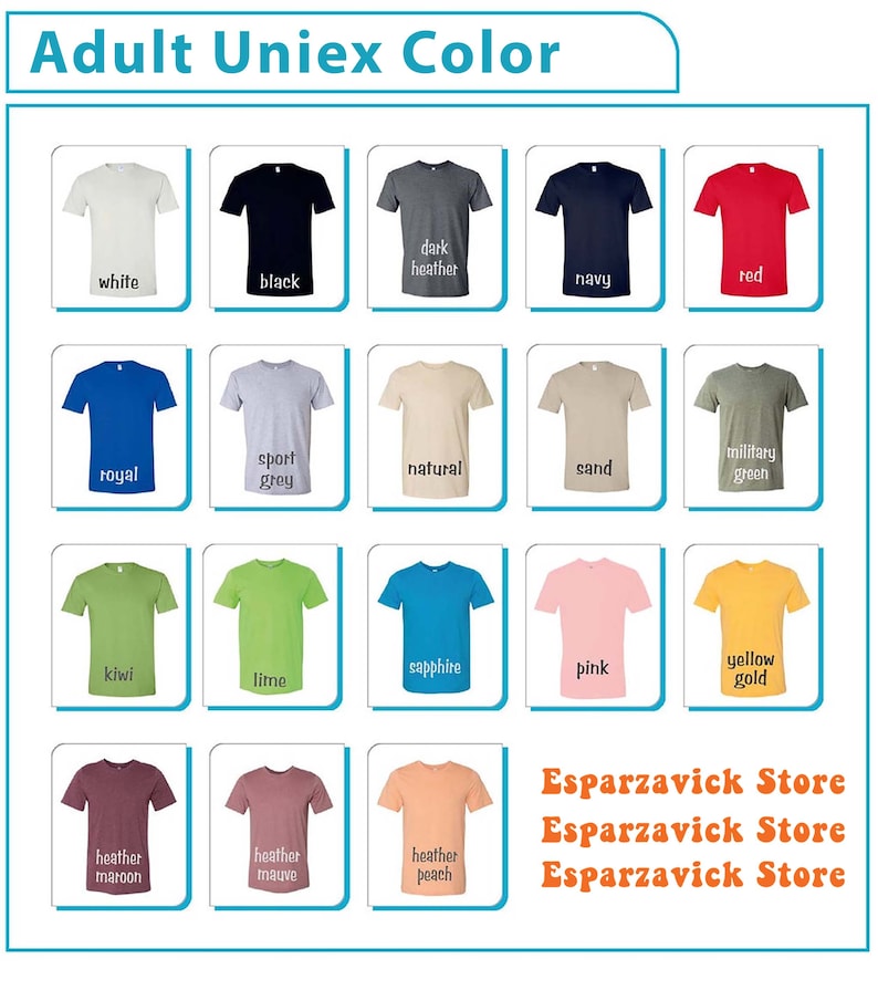 Op de afbeelding: Een tabel met 18 verschillende T-shirt kleuren. De kleuren omvatten wit, zwart, donker grijs melange, marineblauw, rood, koninklijk blauw, sport grijs, naturel, zand, legergroen, kiwi, limoen, saffier, roze, geel goud, heide bruin, heide mauve en heide perzik. De tekst "Esparzavick Store" wordt drie keer onderaan de tabel herhaald.