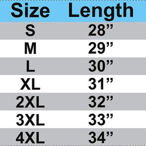May include: A size chart for a t-shirt featuring a line drawing of a shirt with labels for shoulder, sleeve, chest, length, and hem. A table lists sizes S through 4XL with corresponding length and chest measurements in inches. Text states 100% Cotton.
