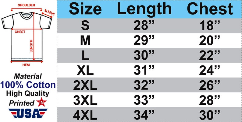 May include: A size chart for a t-shirt featuring a line drawing of a shirt with labels for shoulder, sleeve, chest, length, and hem. A table lists sizes S through 4XL with corresponding length and chest measurements in inches. Text states 100% Cotton.