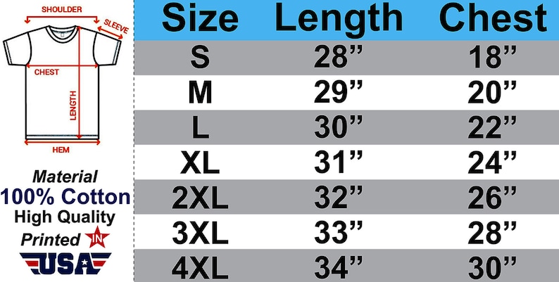Op de afbeelding: Maattabel voor een T-shirt met maten in inches voor maten S tot en met 4XL. De tabel toont de lengte- en borstmaten voor elke maat.