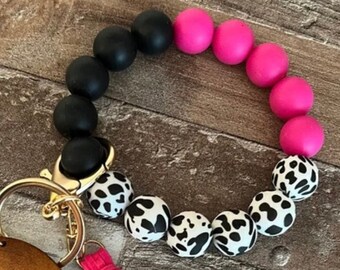 Custom Hot Pink & Cow Print Wristlet Keychain with Engraved Name, Personalized Hot Pink, Black and Cow Print Bracelet Keychain, Cow Keychain