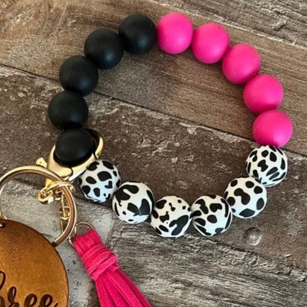 Custom Hot Pink & Cow Print Wristlet Keychain with Engraved Name, Personalized Hot Pink, Black and Cow Print Bracelet Keychain, Cow Keychain