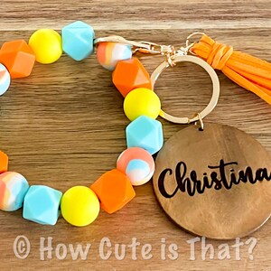 Personalized Silicone Bright Color Tie Dye Beaded Wristlet Keychain, Bright Sunshine Tie Dye Keychain with Engraved Name, Sunshine Keychain