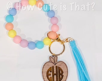 Pastel Rainbow Teacher Keychain, Personalized Teacher Keychain, Laser Engraved Teacher Rainbow Keychain, Personalized Silicone Bead Keychain