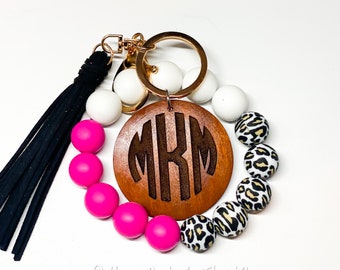 Personalized Hot Pink, White Leopard Silicone Beaded Bracelet Keychain, Keychain with Engraved Name or Monogram, Hot Pink Silicone Keychain