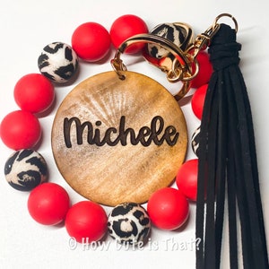 Personalized Silicone Red, Black, and Cheetah Beaded Bracelet Keychain, Cheetah Keychain, Custom Cheetah and Red Silicone Bead Wristlet