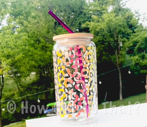 Beer Can Glass 20 oz Tumbler w/Bamboo Lid and Glass Straw /Cheetah  Holographic.