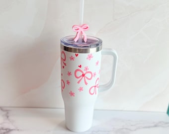 Pink Bow Tumbler 40oz: Stainless Steel Insulated Cup with Handle & Straw