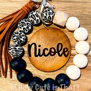 Personalized Silicone Leopard Beaded Bracelet Keychain, Ivory, Black, and Leopard Print Beaded Keychain with Engraved Name or Monogram