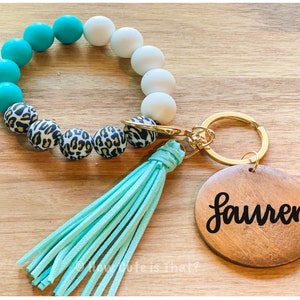 Personalized Silicone White Leopard Beaded Bracelet Keychain, Keychain with Engraved Name or Monogram, Teal Silicone Bead Keychain Wristlet