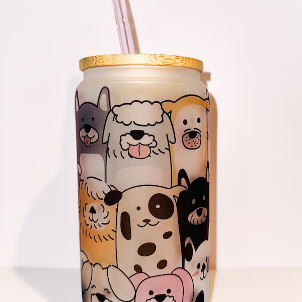 Dog Faces Glass Can Tumbler, Cute Dog Face Beer Can Glass, Dog Glass Tumbler, Puppy Dog Face Glass Can Tumbler