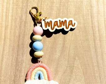 Laser Engraved Mama Silicone Bead Keychain with Macrame Rainbow, Mama Keychain with Boho Rainbow, Mama Bead Keychain, Mother’s Day Gift