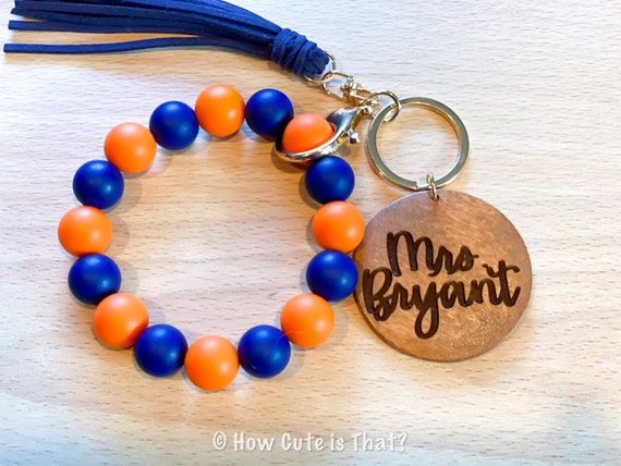 Personalized Silicone Beaded Bracelet Keychain, Two Color Beaded Keychain with Engraved Name, Custom College Color Wristlet, Graduation Gift