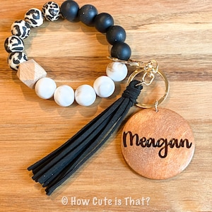 Personalized Silicone Cheetah Print Beaded Bracelet Keychain, Marble, Black, & Cheetah Print Beaded Keychain with Engraved Name or Monogram
