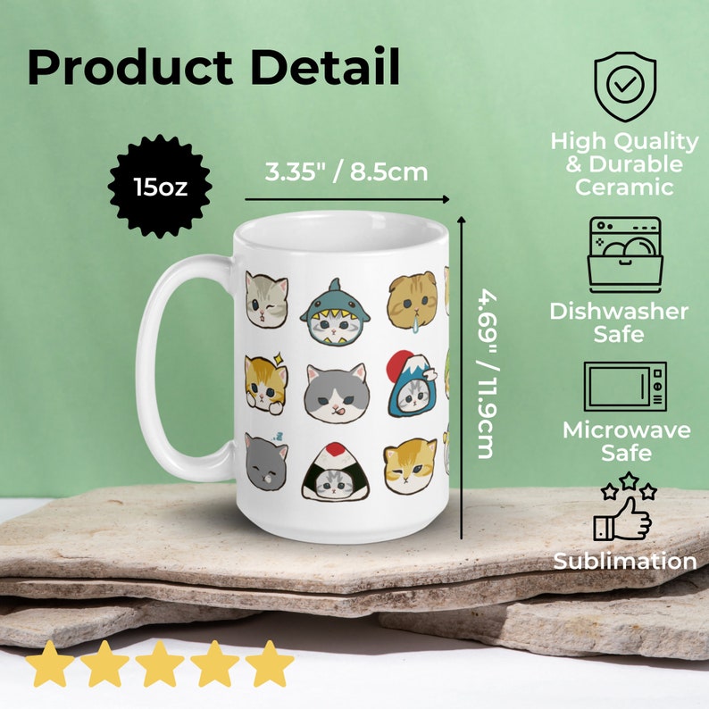 Puede incluir: Taza de cer&aacute;mica blanca con una capacidad de 15oz, con un patr&oacute;n repetido de gatos de dibujos animados lindos en varias poses. La taza mide 8,5 cm de ancho y 11,9 cm de alto. Es apta para lavavajillas y microondas.