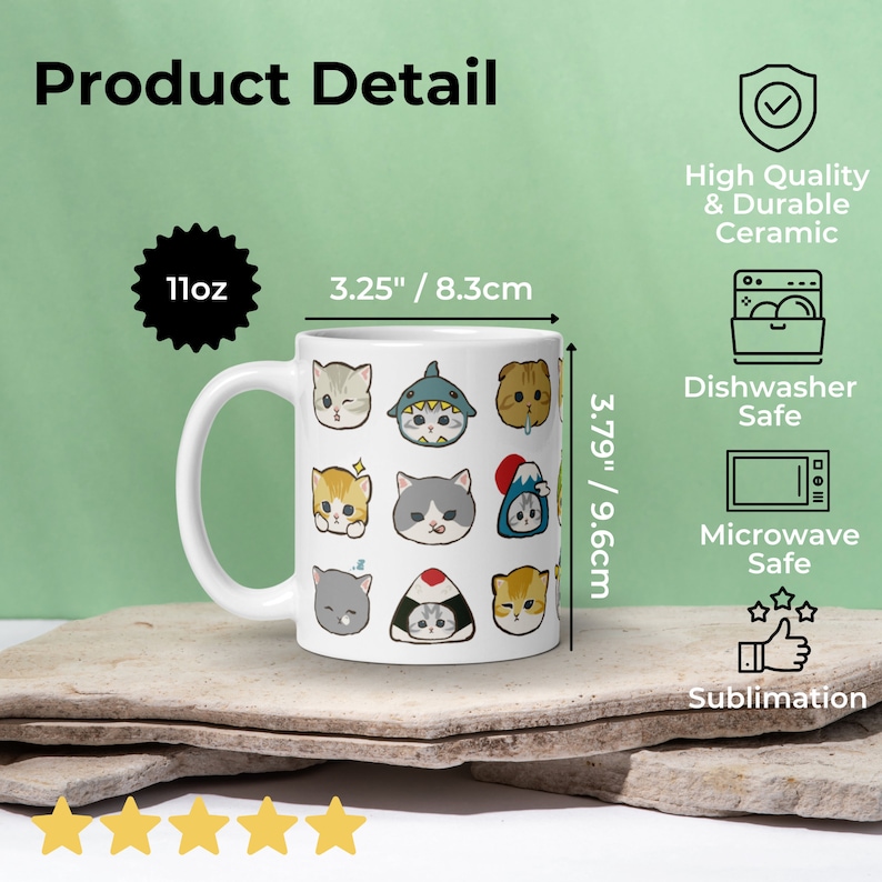 Puede incluir: Taza de cer&aacute;mica blanca con una capacidad de 11oz, con un patr&oacute;n repetitivo de lindos gatos de dibujos animados y otros dise&ntilde;os. La taza mide 8,3 cm de ancho y 9,6 cm de alto. Es apta para lavavajillas y microondas y est&aacute; hecha de cer&aacute;mica de alta calidad y duradera.