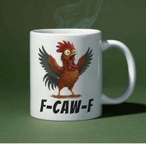 May include: White ceramic mug featuring a cartoon rooster with open wings and mouth, steam rising from the top. The rooster is brown with a red comb and beak. The text "F-CAW-F" is printed below the rooster.