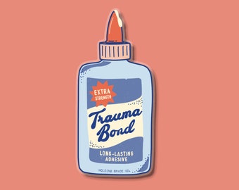 May include: A blue and white bottle with a red cap and a label that says "Trauma Bond" in a retro font. The label also says "Extra Strength" and "Long-Lasting Adhesive".