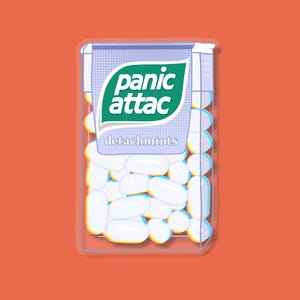 May include: A rectangular clear plastic container filled with white oval mints. The label features a green leaf-shaped graphic with the white text "panic attac" and the word "detachmints" printed in white below it on a light purple background.