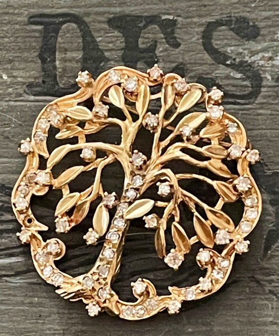 Vintage French Brooch, Tree of Life, 14k Gold and… - image 1