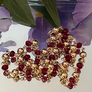 Vintage French Necklace, Red Crystal, Gold Beads