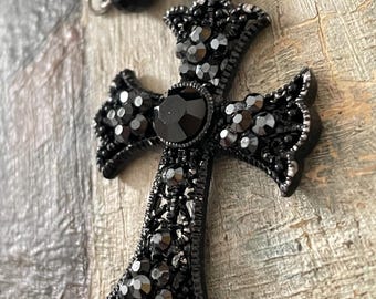 Vintage French Cross Neckace, Black Crystal