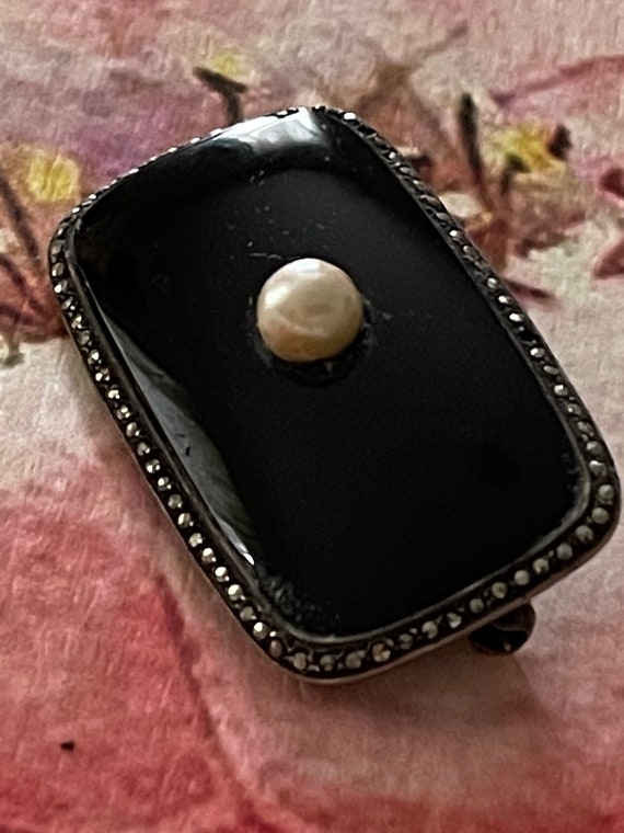 Vintage French Mourning Brooch, Pearl, Jet, Marcas