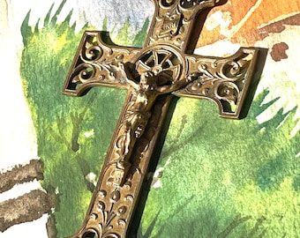 Antique French Catholic Crucifix Pendant, Gold Ormolu